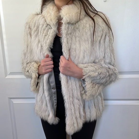 Vintage 80s light grey off white FOX stripe jacket L - Picture 2 of 11